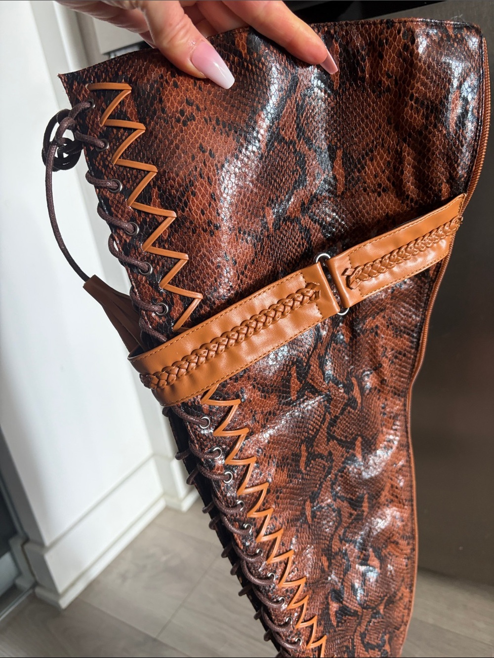 Women’s Brown Faux Snakeskin Lace-Up Peep-Toe High Heel Boot - Picture 2 of 6